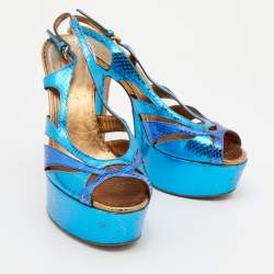 Gucci Metallic Blue Python Embossed Leather Slingback Platform Sandals Size 37