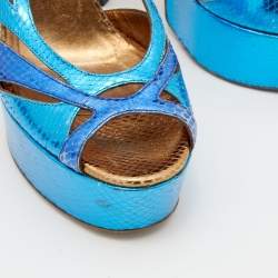 Gucci Metallic Blue Python Embossed Leather Slingback Platform Sandals Size 37