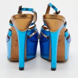 Gucci Metallic Blue Python Embossed Leather Slingback Platform Sandals Size 37
