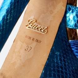 Gucci Metallic Blue Python Embossed Leather Slingback Platform Sandals Size 37
