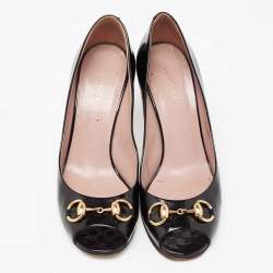 Pre Owned حذاء كعب عالي غوتشي جوليني جلد لامع ميكروغوتشيسيما أسود مزين هورسبيت مقدمة مفتوحة مقاس 37.5