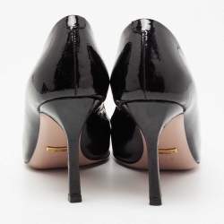 Pre Owned حذاء كعب عالي غوتشي جوليني جلد لامع ميكروغوتشيسيما أسود مزين هورسبيت مقدمة مفتوحة مقاس 37.5