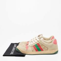Pre Owned Gucci Beige/Green Nubuck Leather And Canvas Screener Low Top Sneakers Size 39