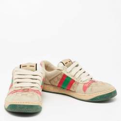 Pre Owned Gucci Beige/Green Nubuck Leather And Canvas Screener Low Top Sneakers Size 39