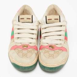 Pre Owned Gucci Beige/Green Nubuck Leather And Canvas Screener Low Top Sneakers Size 39