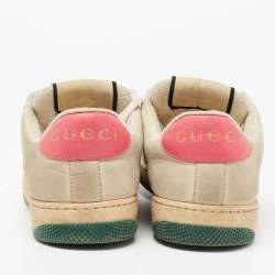 Pre Owned Gucci Beige/Green Nubuck Leather And Canvas Screener Low Top Sneakers Size 39
