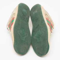 Pre Owned Gucci Beige/Green Nubuck Leather And Canvas Screener Low Top Sneakers Size 39