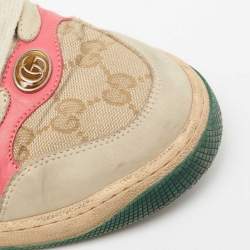 Pre Owned Gucci Beige/Green Nubuck Leather And Canvas Screener Low Top Sneakers Size 39