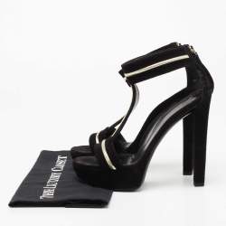 مملوكة مسبقًا صندل غوتشي جلد وسويدي أسود سير حرف تي نعل سميك بحزام للكاحل مقاس 38.5