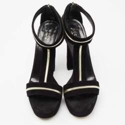 مملوكة مسبقًا صندل غوتشي جلد وسويدي أسود سير حرف تي نعل سميك بحزام للكاحل مقاس 38.5