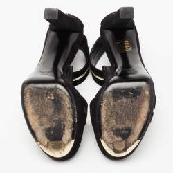 مملوكة مسبقًا صندل غوتشي جلد وسويدي أسود سير حرف تي نعل سميك بحزام للكاحل مقاس 38.5