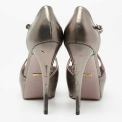 Gucci Metallic Grey Leather Lili Peep-Toe Platform Pumps Size 39.5
