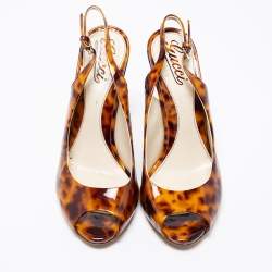 Pre Owned Gucci Two-Tone Animal Print Patent Leather Peep-Toe Slingback Sandals Size 37.5