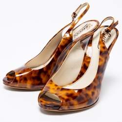 Pre Owned Gucci Two-Tone Animal Print Patent Leather Peep-Toe Slingback Sandals Size 37.5