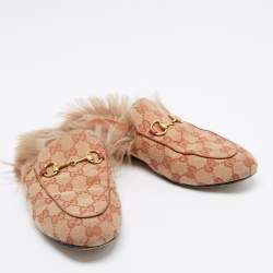 Pre Owned Gucci Beige/Brown GG Canvas and Fur Lined Princetown Flat Mules Size 38