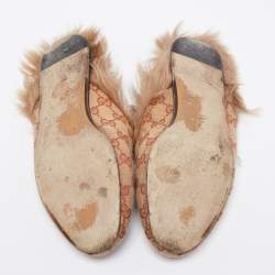 Pre Owned Gucci Beige/Brown GG Canvas and Fur Lined Princetown Flat Mules Size 38
