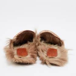 Pre Owned Gucci Beige/Brown GG Canvas and Fur Lined Princetown Flat Mules Size 38