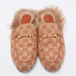 Pre Owned Gucci Beige/Brown GG Canvas and Fur Lined Princetown Flat Mules Size 38