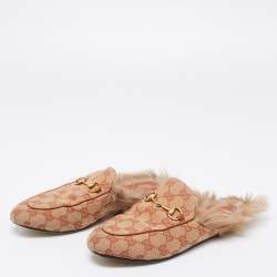 Pre Owned Gucci Beige/Brown GG Canvas and Fur Lined Princetown Flat Mules Size 38