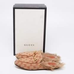 Pre Owned Gucci Beige/Brown GG Canvas and Fur Lined Princetown Flat Mules Size 38