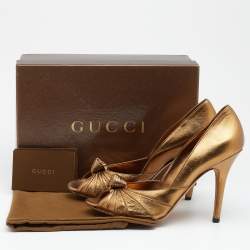 Gucci Metallic Gold Leather Knotted Peep Toe Pumps Size 40