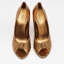 Gucci Metallic Gold Leather Knotted Peep Toe Pumps Size 40