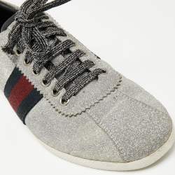 Gucci Metallic Silver Glitter  Bambi Web Detail Studded Low Top Sneakers Size 39