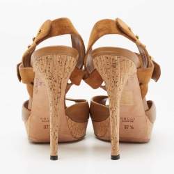 Pre Owned Gucci Brown Leather and Suede GG Cork Platform Peep Toe Slingback Sandals Size 37.5