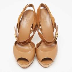 Pre Owned Gucci Brown Leather and Suede GG Cork Platform Peep Toe Slingback Sandals Size 37.5