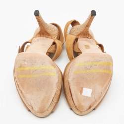Pre Owned Gucci Brown Leather and Suede GG Cork Platform Peep Toe Slingback Sandals Size 37.5