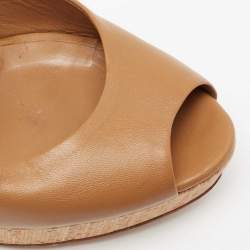 Pre Owned Gucci Brown Leather and Suede GG Cork Platform Peep Toe Slingback Sandals Size 37.5