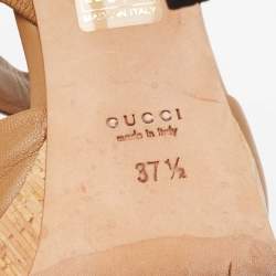 Pre Owned Gucci Brown Leather and Suede GG Cork Platform Peep Toe Slingback Sandals Size 37.5