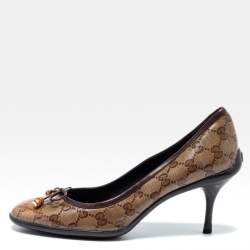 Pre Owned Gucci Brown/Beige GG Crystal Supreme Canvas Bow Round-Toe Pumps Size 40