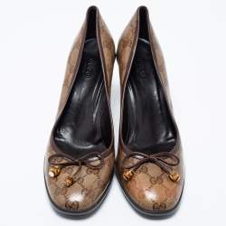 Pre Owned Gucci Brown/Beige GG Crystal Supreme Canvas Bow Round-Toe Pumps Size 40