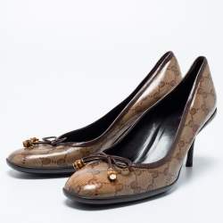 Pre Owned Gucci Brown/Beige GG Crystal Supreme Canvas Bow Round-Toe Pumps Size 40