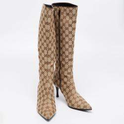Pre Owned Gucci Beige/Brown GG Canvas Calf Length Boots Size 38