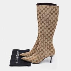 Pre Owned Gucci Beige/Brown GG Canvas Calf Length Boots Size 38