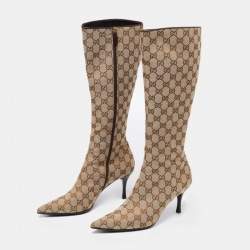 Pre Owned Gucci Beige/Brown GG Canvas Calf Length Boots Size 38