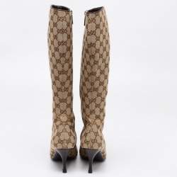 Pre Owned Gucci Beige/Brown GG Canvas Calf Length Boots Size 38