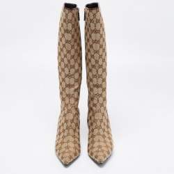 Pre Owned Gucci Beige/Brown GG Canvas Calf Length Boots Size 38