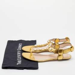 Pre Owned Gucci Gold Leather Faux Pearl Embellished Willow T Strap Flat Sandals Size 36.5