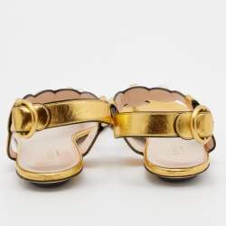 Pre Owned Gucci Gold Leather Faux Pearl Embellished Willow T Strap Flat Sandals Size 36.5