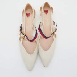 مملوكة مسبقًا Gucci Off-White Leather Sylvie Web Strap Bamboo Heel Unia Pumps Size 39.5
