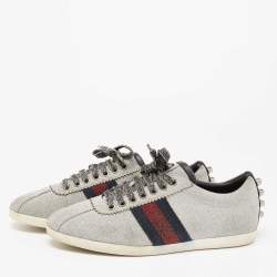 Pre Owned Gucci Metallic Silver Glitter Web Bambi Sneakers Size 37.5