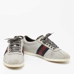 Pre Owned Gucci Metallic Silver Glitter Web Bambi Sneakers Size 37.5