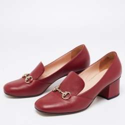 Pre Owned Gucci Burgundy Leather Horsebit Block Heel Pumps Size 40