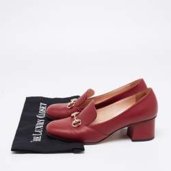 Pre Owned Gucci Burgundy Leather Horsebit Block Heel Pumps Size 40
