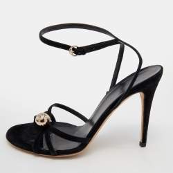 Gucci Black Suede GG Crystal Embellished Ankle Strap Sandals Size 39