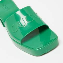 Pre Owned Gucci Green Rubber Embossed Logo Block Heel Slide Sandals Size 37