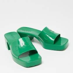 Pre Owned Gucci Green Rubber Embossed Logo Block Heel Slide Sandals Size 37